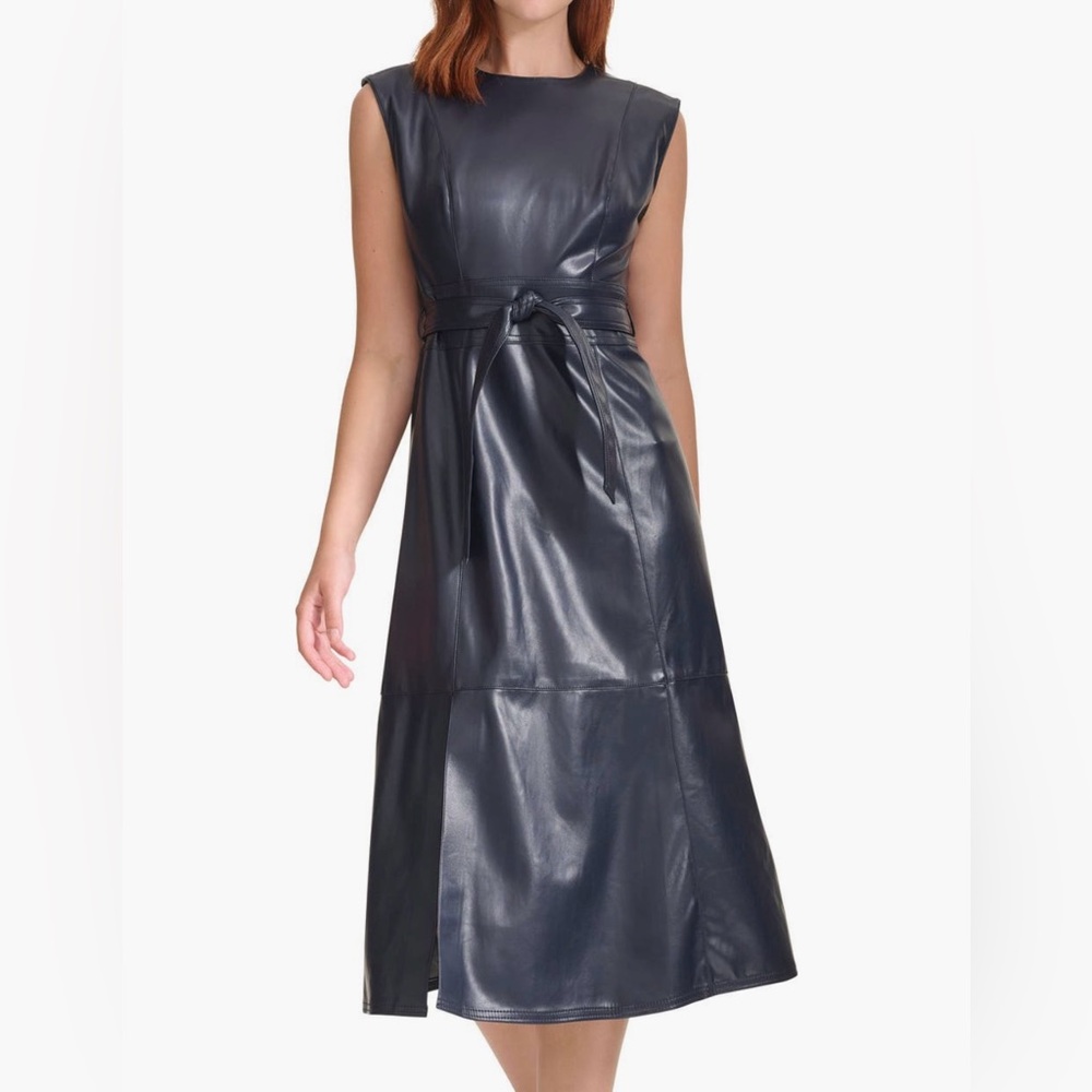 Calvin Klein faux leather belted sleeveless dress